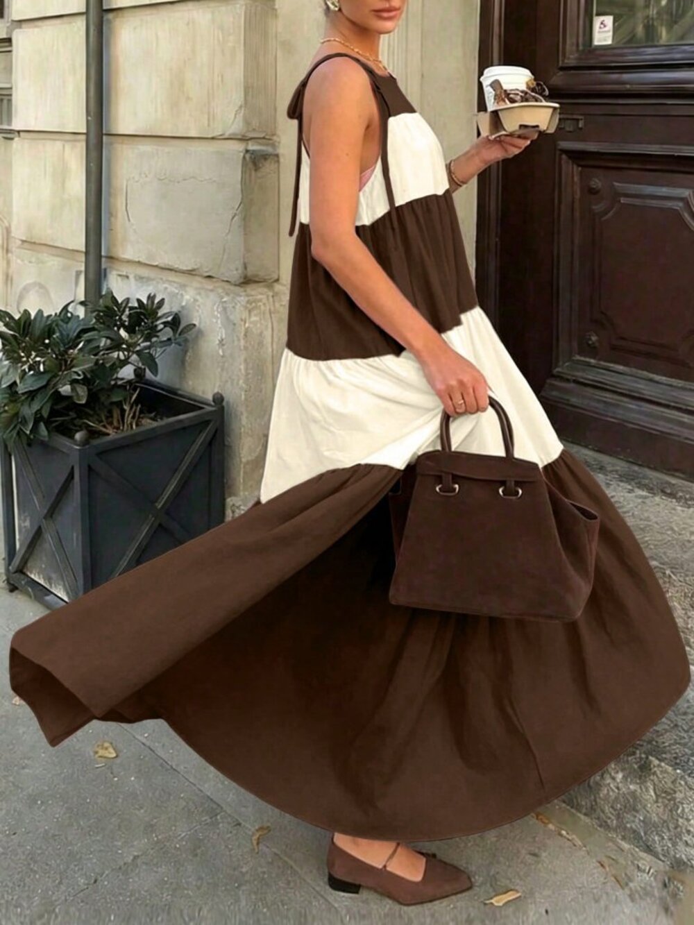 Brown stripe Casual Women's Colorblock maxi dress - Picture 6 of 7